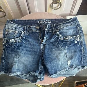 Grace Women's Distressed Blue Jean Shorts with Star Accents